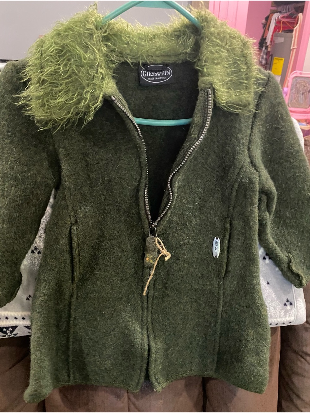 Giesswein Kids Dark Olive Green Wool Jacket with Fuzzy Lime Collar